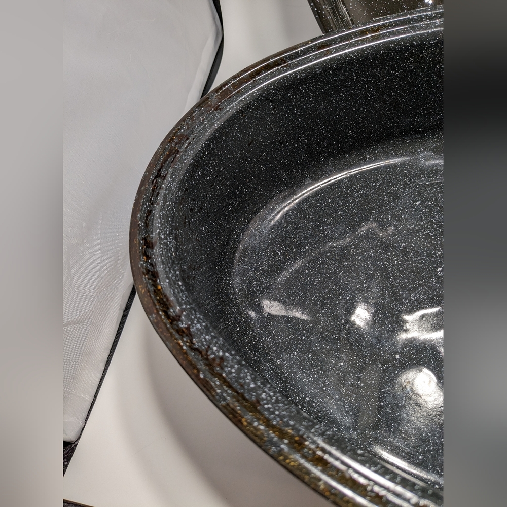 Vintage Black Enamel Speckled Oval Roasting Pan W/Handles & Lid 14 x 10 - Picture 7 of 9